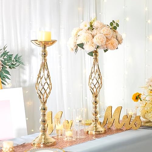 LANLONG 2pcs Metal Gold Candle Holders Road Lead Table Centerpiece Stand Pillar Candlestick for Wedding Candelabra Flowers Vases - Image 4