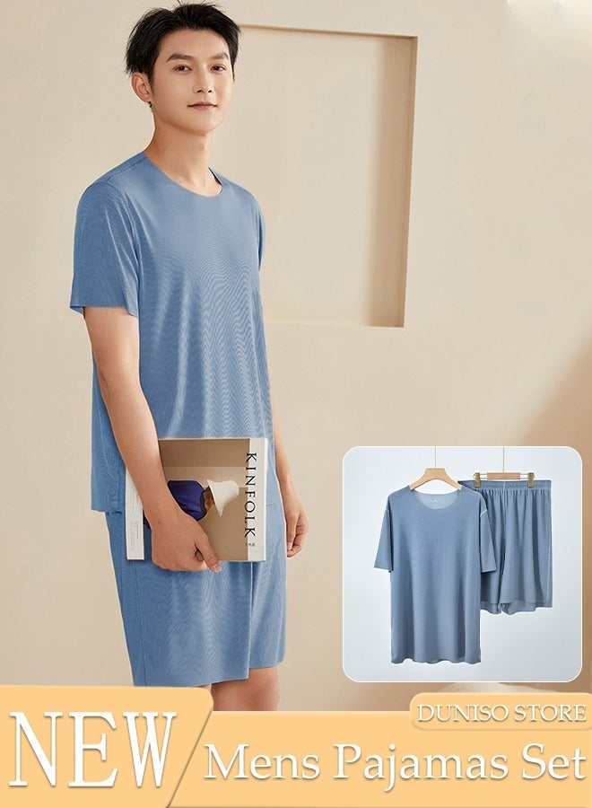 DUNISO Men's Pajamas Set Short Sleeve Summer Relaxed Pajamas Round Neck High Elastic Breathable Thin Pajamas Set - Image 1