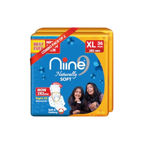 NIINE Naturally Soft XL Sanitary Pads for Women | 282mm Long | Cottony Soft Top Cover | Anti Leak Lock Channel| 2X Absorbent| for Heavy Flow| Pack of 2| 72 Pads - Image 1