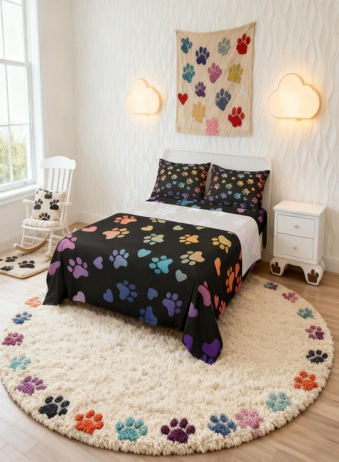 Man Fei Dog Paw Print Kids Sheet Full Size,Animal Pet Neon Bedding Set,Girls Boys Adults Bedroom Decor,Puppy Kawaii Cartoon Colorful Rainbow Bed Sheet Set 4pcs (Fitted Sheet + Flat Sheet + 2 Pillowcases) - Image 1