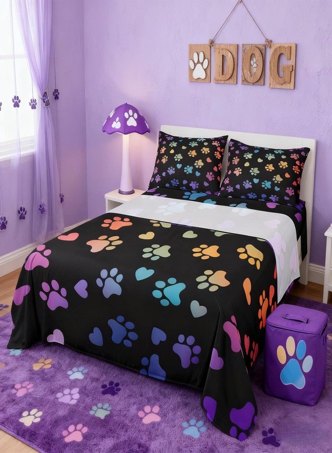Man Fei Dog Paw Print Kids Sheet Full Size,Animal Pet Neon Bedding Set,Girls Boys Adults Bedroom Decor,Puppy Kawaii Cartoon Colorful Rainbow Bed Sheet Set 4pcs (Fitted Sheet + Flat Sheet + 2 Pillowcases) - Image 3