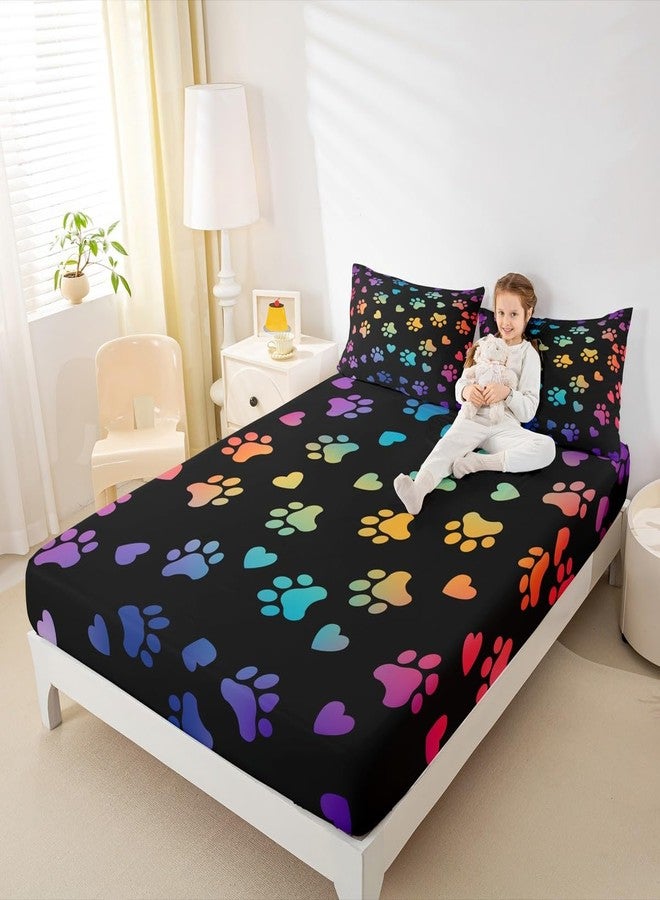 Man Fei Dog Paw Print Kids Sheet Full Size,Animal Pet Neon Bedding Set,Girls Boys Adults Bedroom Decor,Puppy Kawaii Cartoon Colorful Rainbow Bed Sheet Set 4pcs (Fitted Sheet + Flat Sheet + 2 Pillowcases) - Image 4