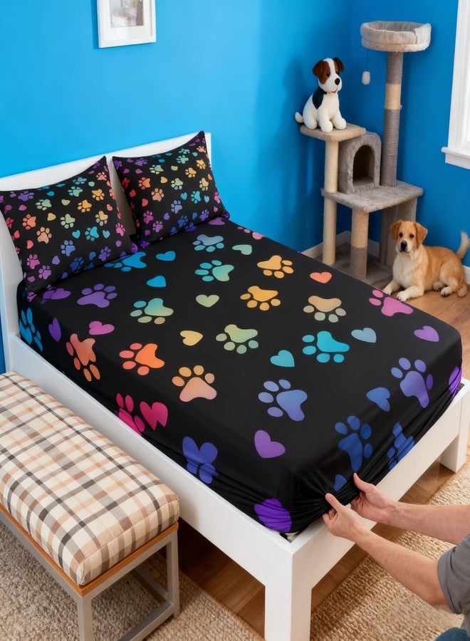 Man Fei Dog Paw Print Kids Sheet Full Size,Animal Pet Neon Bedding Set,Girls Boys Adults Bedroom Decor,Puppy Kawaii Cartoon Colorful Rainbow Bed Sheet Set 4pcs (Fitted Sheet + Flat Sheet + 2 Pillowcases) - Image 5