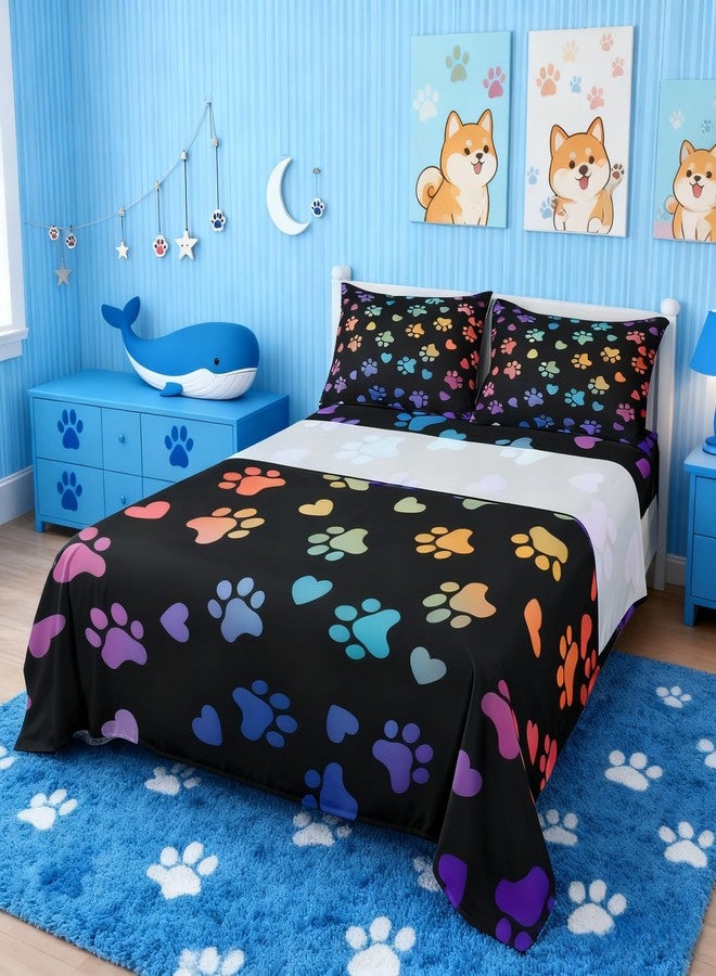 Man Fei Dog Paw Print Kids Sheet Full Size,Animal Pet Neon Bedding Set,Girls Boys Adults Bedroom Decor,Puppy Kawaii Cartoon Colorful Rainbow Bed Sheet Set 4pcs (Fitted Sheet + Flat Sheet + 2 Pillowcases) - Image 2