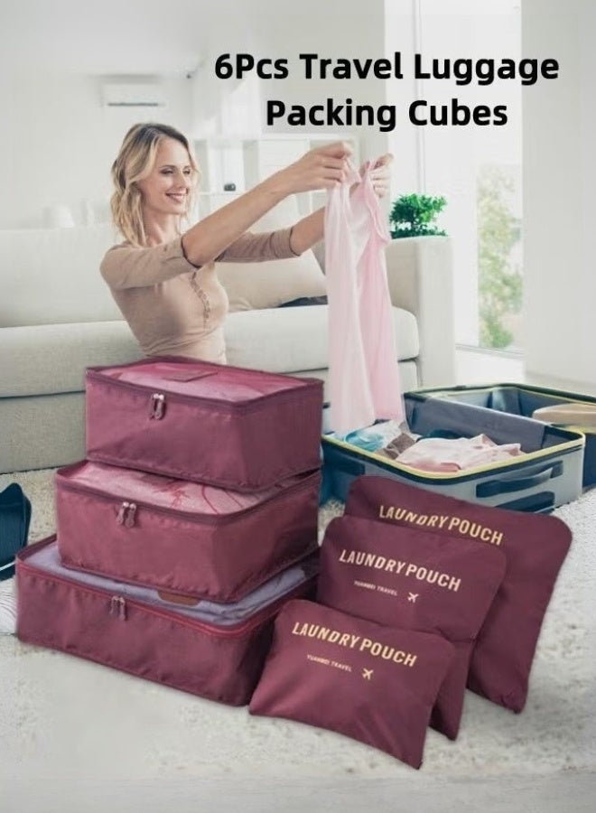 6 Pcs Travel Organizer Storage Bags Suitcase Packing Cubes Cases Portable Wardrobe Luggage Clothes Shoe Pouch Fold (Burgundy) - Image 1