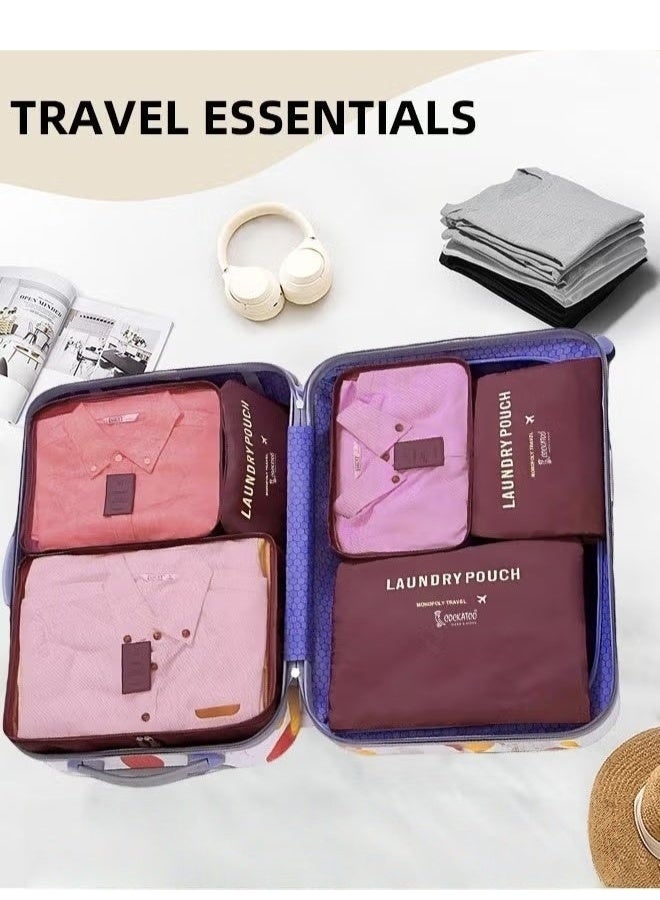 6 Pcs Travel Organizer Storage Bags Suitcase Packing Cubes Cases Portable Wardrobe Luggage Clothes Shoe Pouch Fold (Burgundy) - Image 3