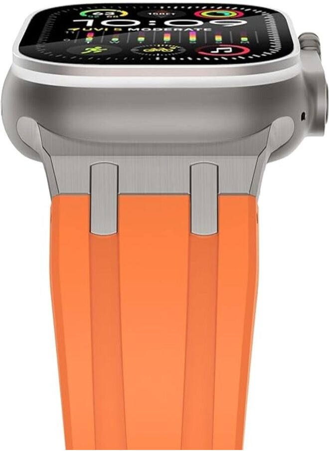 ten.tech - Silicone rubber band compatible with Apple Watch Series 2 Ultra | 9 | 8 Ultra | 8 | 7 | 6 | 5 49/45/44/42mm, Ten Tech Premium Rubber Band with Stainless Steel Adapter – Orange - Image 1