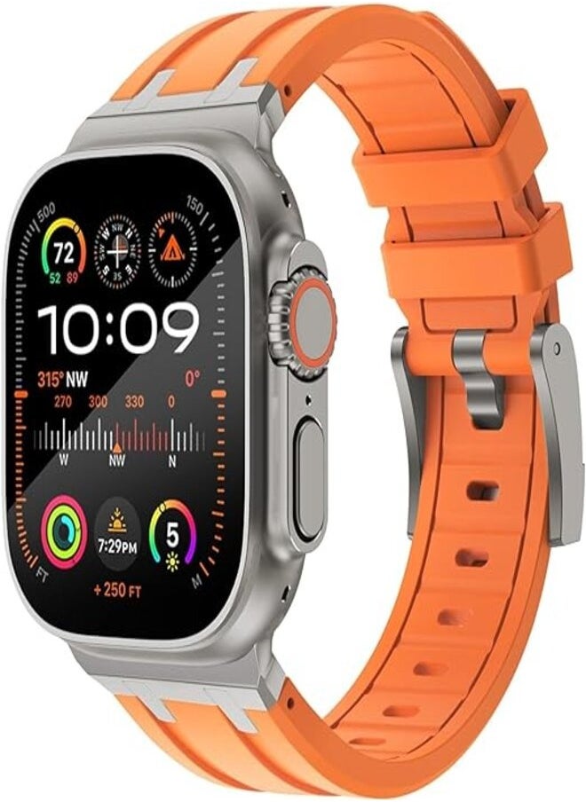 ten.tech - Silicone rubber band compatible with Apple Watch Series 2 Ultra | 9 | 8 Ultra | 8 | 7 | 6 | 5 49/45/44/42mm, Ten Tech Premium Rubber Band with Stainless Steel Adapter – Orange - Image 1