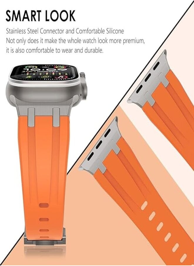 ten.tech - Silicone rubber band compatible with Apple Watch Series 2 Ultra | 9 | 8 Ultra | 8 | 7 | 6 | 5 49/45/44/42mm, Ten Tech Premium Rubber Band with Stainless Steel Adapter – Orange - Image 1