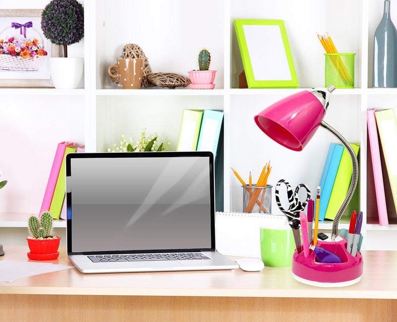 Simple Designs LD1015-PNK Flossy Organizer Desk Lamp with Charging Outlet and Lazy Susan Base, Pink - Image 2