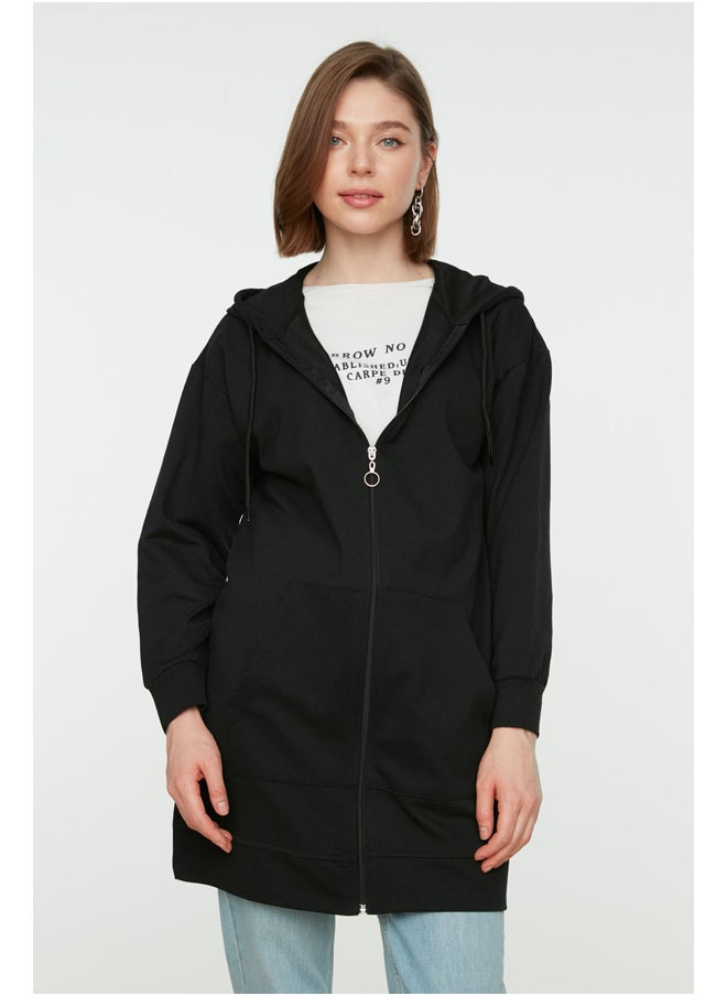 trendyol - Black Hoodie with Zipper Basic Knitted Wide Fit Oversized Sweatshirt Cardigan TCTAW22TW0137 - Image 1