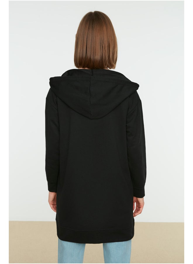 trendyol - Black Hoodie with Zipper Basic Knitted Wide Fit Oversized Sweatshirt Cardigan TCTAW22TW0137 - Image 1