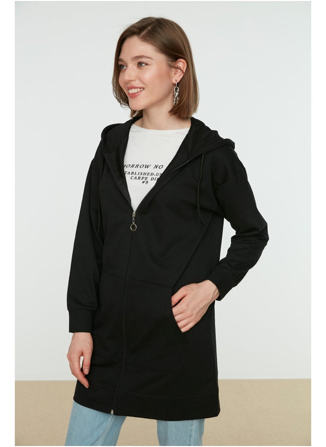 trendyol - Black Hoodie with Zipper Basic Knitted Wide Fit Oversized Sweatshirt Cardigan TCTAW22TW0137 - Image 1