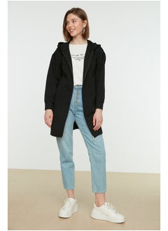 Black Hoodie with Zipper Basic Knitted Wide Fit Oversized Sweatshirt Cardigan TCTAW22TW0137