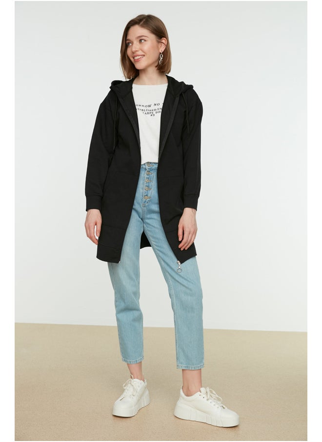 trendyol - Black Hoodie with Zipper Basic Knitted Wide Fit Oversized Sweatshirt Cardigan TCTAW22TW0137 - Image 1