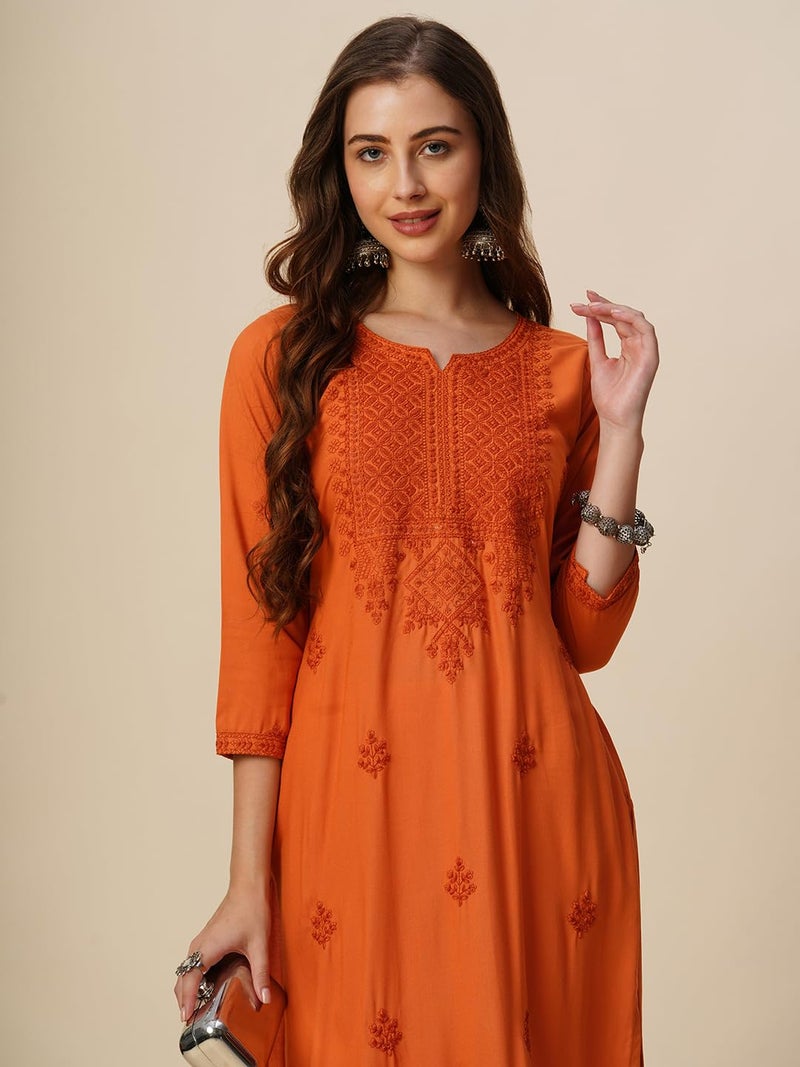 RATAN Women's Rayon Straight Lucknowi Chikankari Ethnic Wear Kurta (SAA-Rust Orange-Small) - Image 5