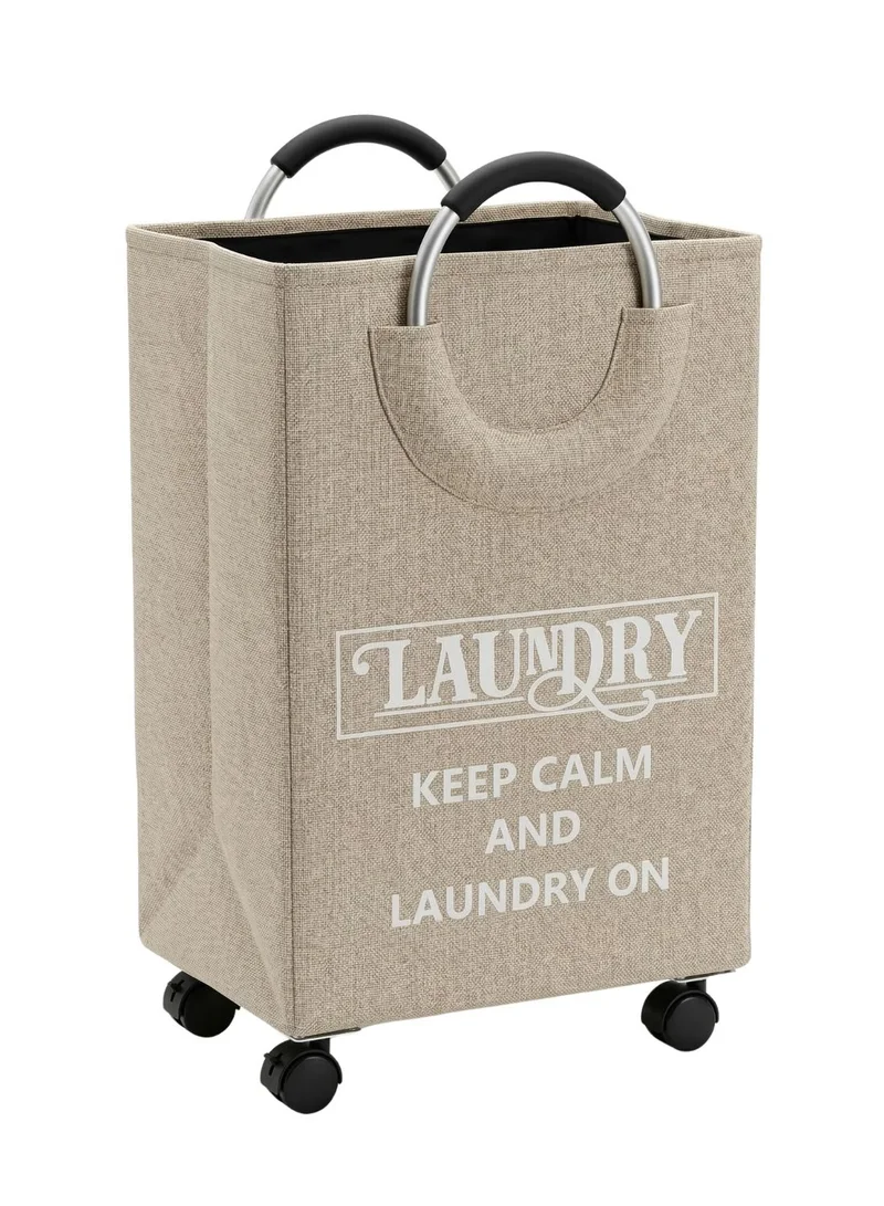 1Chase Rolling Laundry Basket 40L – Foldable Fabric Clothes Hamper with Wheels & Aluminium Handles (Beige)