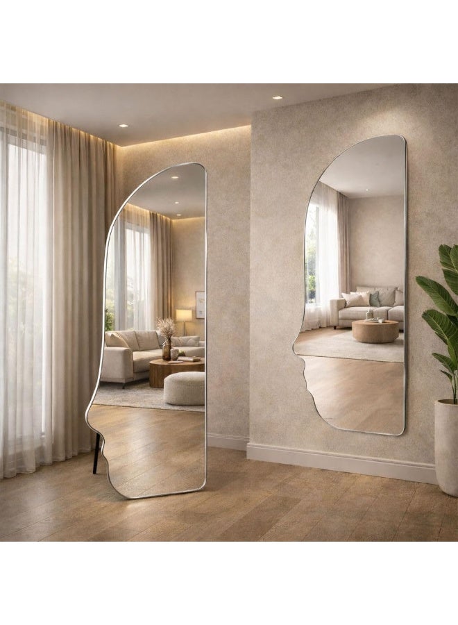 Decorhills Face Shaped Full Length Mirror 180x60cm, Floor Standing & Wall Mounted Mirror with Foldable Metal Stand, Hanging Clip, Modern Silver Frame for Bedroom & Living Room (Silver) - Image 1