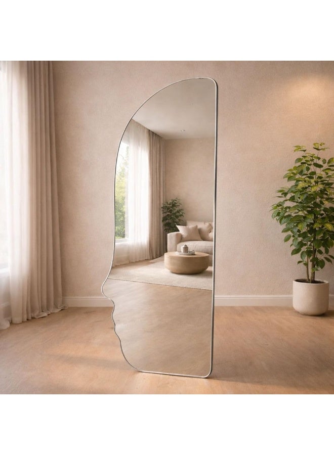 Decorhills Face Shaped Full Length Mirror 180x60cm, Floor Standing & Wall Mounted Mirror with Foldable Metal Stand, Hanging Clip, Modern Silver Frame for Bedroom & Living Room (Silver) - Image 3
