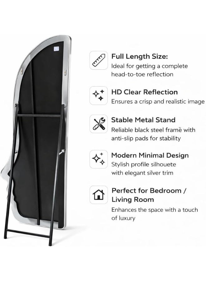 Decorhills Face Shaped Full Length Mirror 180x60cm, Floor Standing & Wall Mounted Mirror with Foldable Metal Stand, Hanging Clip, Modern Silver Frame for Bedroom & Living Room (Silver) - Image 2