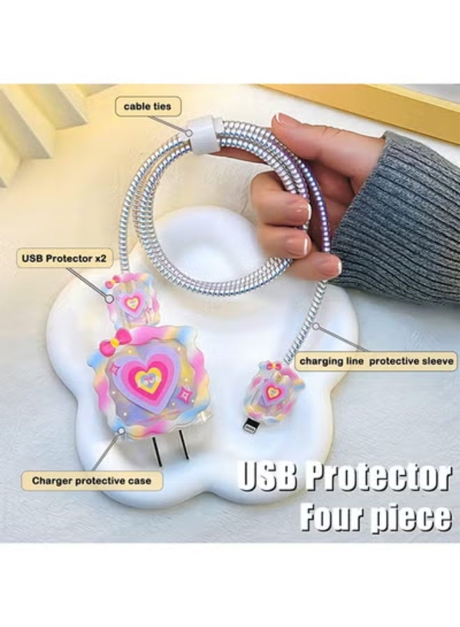 fantasize حامي كابل لشاحن آيفون، حامي كابل لطيف متوافق مع شاحن آيفون 18W/20W يغطي كابل USB المضاد للانحناء مع حبل حلزوني وحامي نهاية (قلب حب) - Image 2