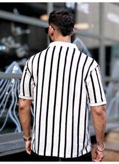 Maniac Maniac Men Vertical Stripe Polo Neck 3/4th Sleeve White PolyCotton Oversized T-Shirt  - Image 4