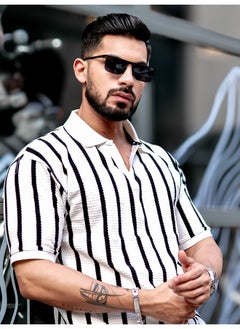 Maniac Maniac Men Vertical Stripe Polo Neck 3/4th Sleeve White PolyCotton Oversized T-Shirt  - Image 1