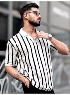 Maniac Maniac Men Vertical Stripe Polo Neck 3/4th Sleeve White PolyCotton Oversized T-Shirt  - Image 3
