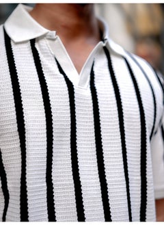 Maniac Maniac Men Vertical Stripe Polo Neck 3/4th Sleeve White PolyCotton Oversized T-Shirt  - Image 5