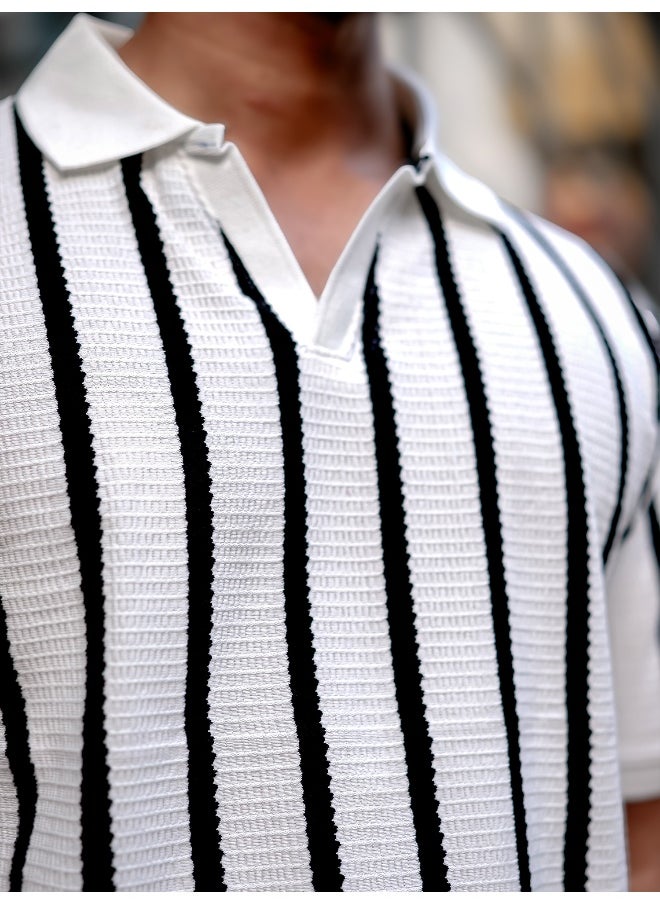 Maniac Maniac Men Vertical Stripe Polo Neck 3/4th Sleeve White PolyCotton Oversized T-Shirt  - Image 5