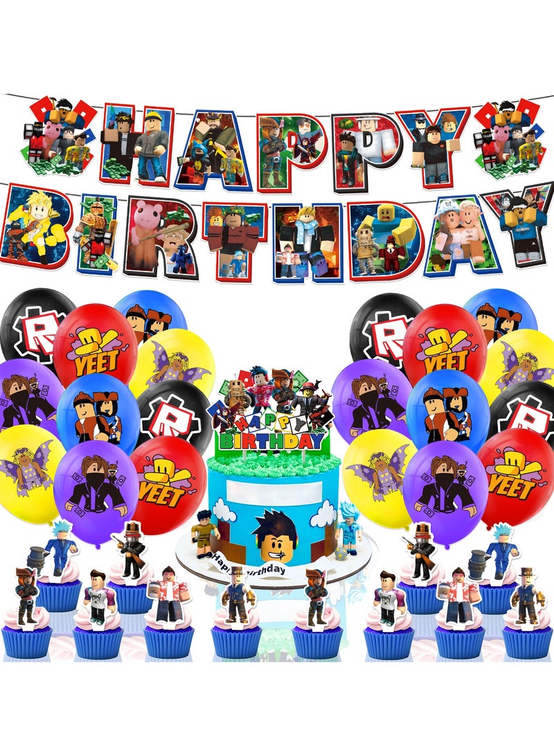 Roblox Party Decorations , Decorations for Roblox Birthday Party Supplies,Roblox Party Supplies Includes Banner, Cake Toppers, Pricess Balloon for R-oblox Theme Party Decorations - Image 1