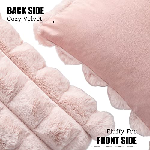 Neelvin Pink Faux Fur Cozy Soft Plaid Decorative Throw Pillow Covers 18x18 inch Set of 2,Velvet Pillowcase Cushion Case for Sofa Couch - Image 2