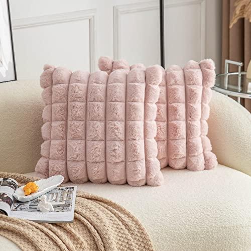 Neelvin Pink Faux Fur Cozy Soft Plaid Decorative Throw Pillow Covers 18x18 inch Set of 2,Velvet Pillowcase Cushion Case for Sofa Couch - Image 1