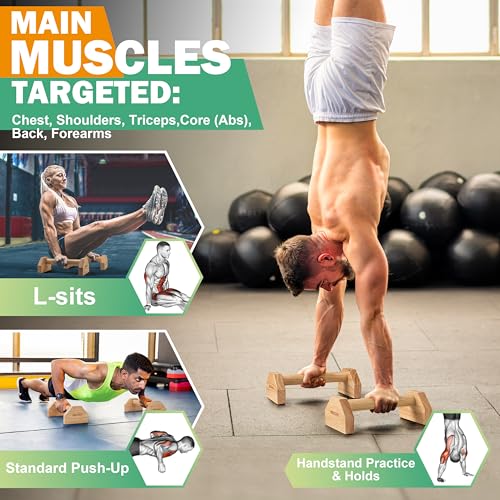 MIUONO Parallettes Push Up Bar, Oak Wood Calisthenics Equipment for Home Gym with Non-Slip Base, Handstand Trainer Push Up Handles for Floor Dip Workout and Strength Training - Image 5