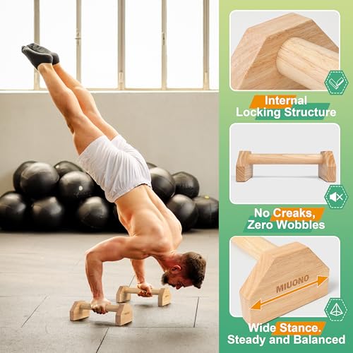MIUONO Parallettes Push Up Bar, Oak Wood Calisthenics Equipment for Home Gym with Non-Slip Base, Handstand Trainer Push Up Handles for Floor Dip Workout and Strength Training - Image 3