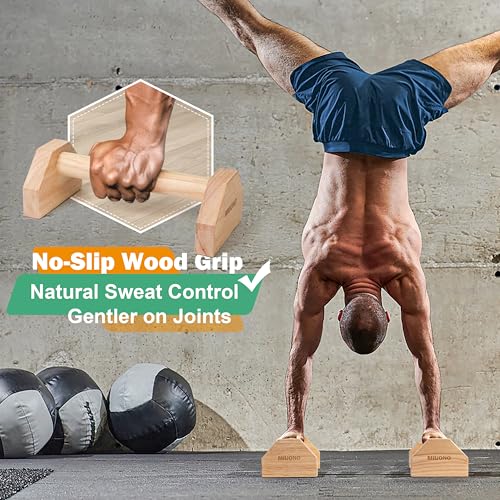 MIUONO Parallettes Push Up Bar, Oak Wood Calisthenics Equipment for Home Gym with Non-Slip Base, Handstand Trainer Push Up Handles for Floor Dip Workout and Strength Training - Image 4