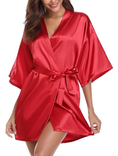 Vlazom Women's Kimono Robes Satin Silk Bridal Party Robe with Oblique V-Neck - Image 1