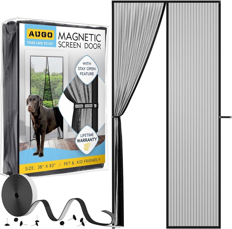 AUGO Magnetic Screen Door - Self Sealing, Heavy Duty, Hands Free Mesh Partition Keeps Bugs Out - Pet and Kid Friendly - Patent Pending Keep Open Feature - 38 Inch x 83 Inch - Image 1