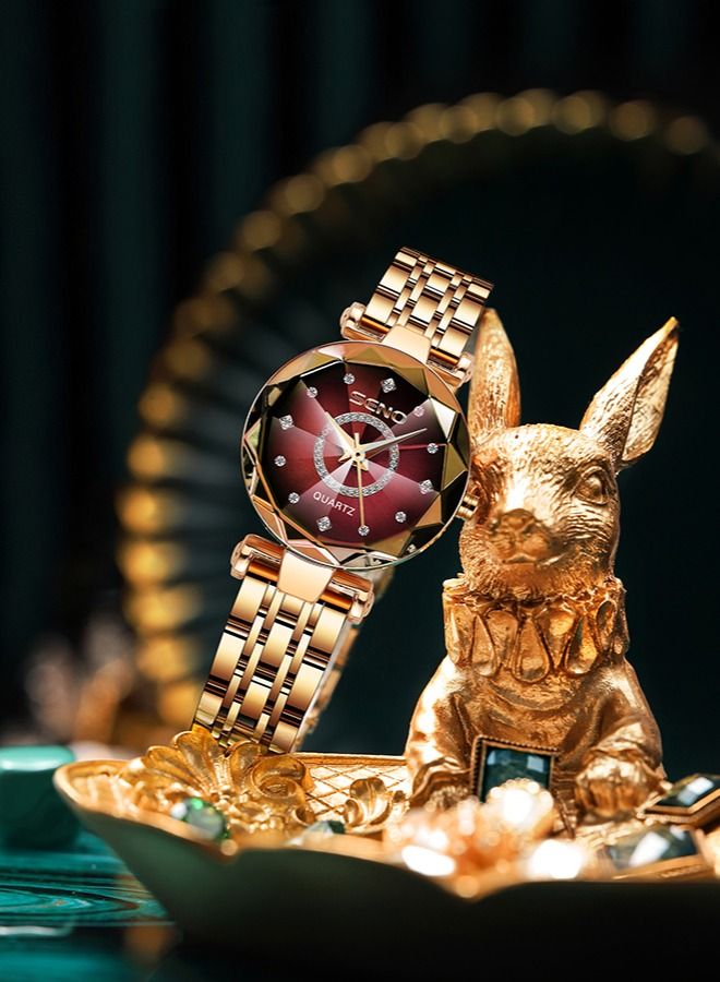 SENO ساعة نسائية ستانلس ستيل ضد الماء + أحمر كرزي - Image 2