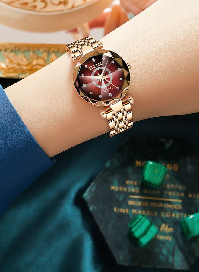 SENO ساعة نسائية ستانلس ستيل ضد الماء + أحمر كرزي - Image 3