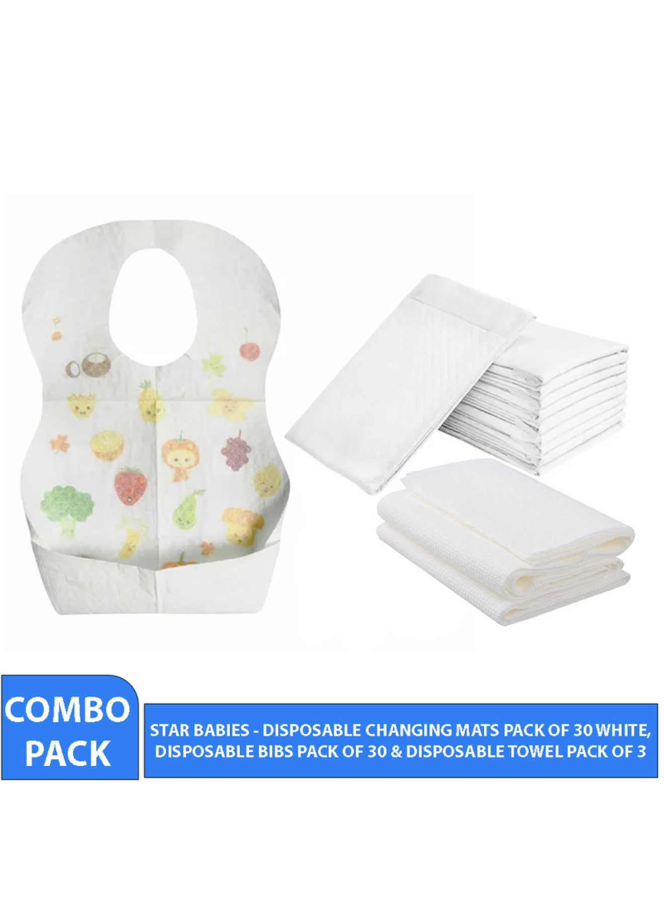 STAR BABiES Combo Pack Pack Disposable Changing Mat 30Pcs Disposable Towel 3Pcs Bibs 30Pcs White