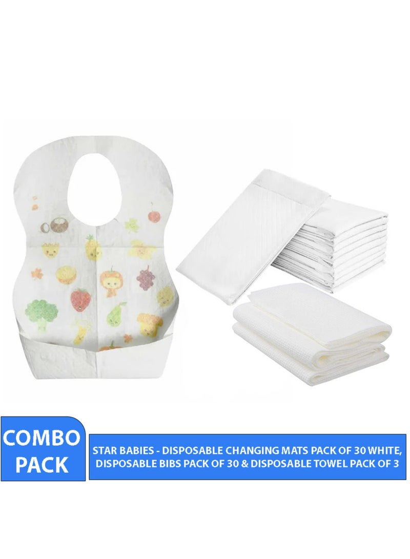 STAR BABiES Combo Pack Pack Disposable Changing Mat 30Pcs Disposable Towel 3Pcs Bibs 30Pcs White - Image 1