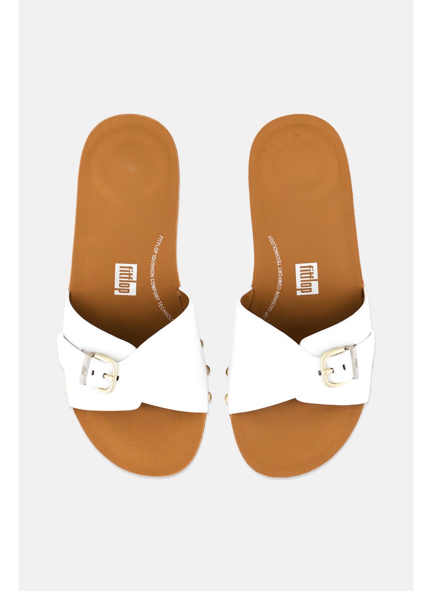 FitFlop Women Iqushion Leather Slip On Slide Sandals, White  - Image 3