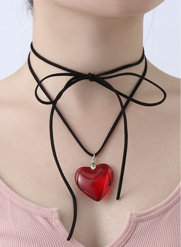Excefore Chunky Heart Choker Necklaces, 2 Pce Y2k Necklace Aesthetic Big Heart Pendant, Adjustable Cute Heart Necklacesfor Teen Girls - Image 3