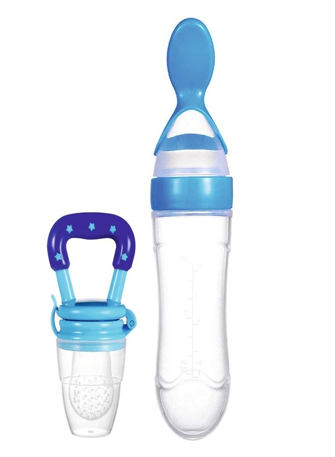 Roforuf Newborn Baby Feeding Bottle 90ML/Silicone Squeeze Feeding Spoon Milk 1 pc and Baby Food Feeder/Neebler/Pacifier 1 pc (Blue Pack of 2) - Image 1