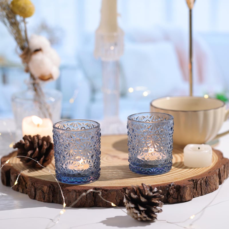 Lanttu Blue Votive Candle Holder Set of 12, Flower Tea Lights Candles Holders for Wedding Table Centerpieces, Birthday Parties, Home Decor, Blue Bridal Shower and Holiday Decorations - Image 5