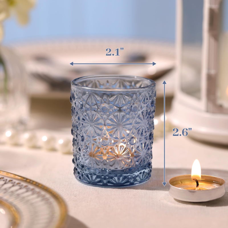 Lanttu Blue Votive Candle Holder Set of 12, Flower Tea Lights Candles Holders for Wedding Table Centerpieces, Birthday Parties, Home Decor, Blue Bridal Shower and Holiday Decorations - Image 4