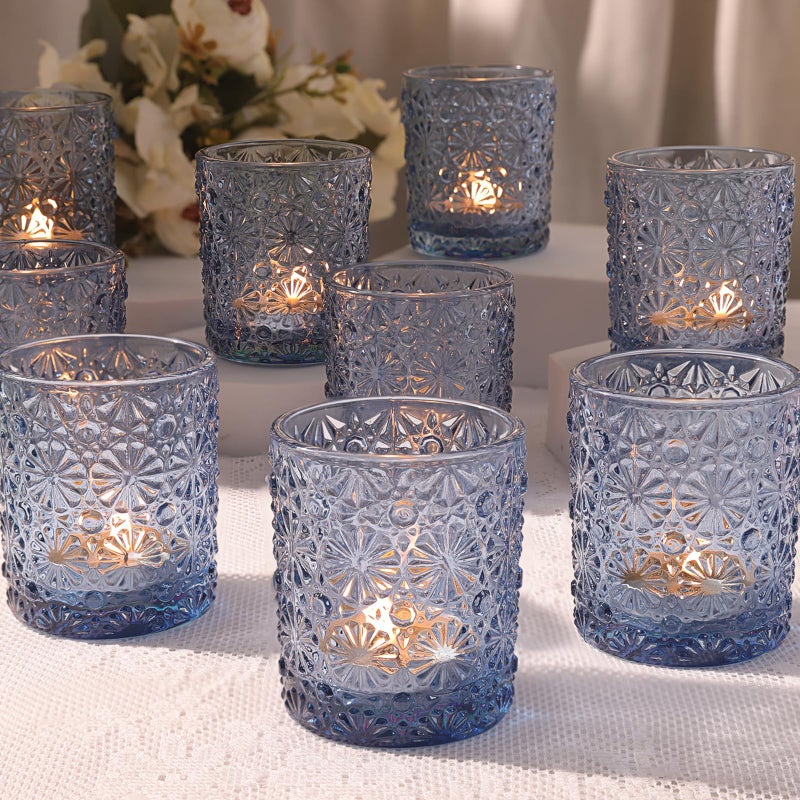 Lanttu Blue Votive Candle Holder Set of 12, Flower Tea Lights Candles Holders for Wedding Table Centerpieces, Birthday Parties, Home Decor, Blue Bridal Shower and Holiday Decorations - Image 1