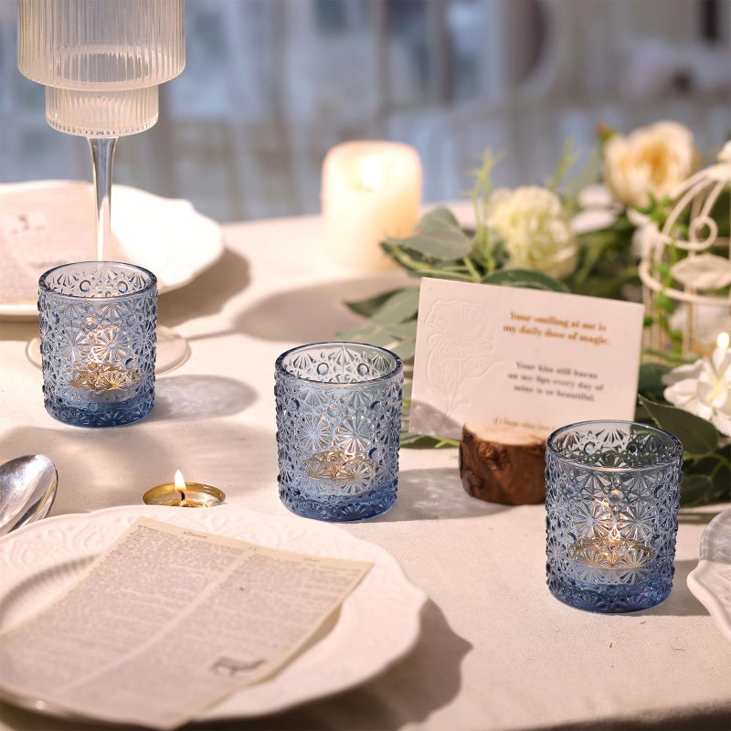 Lanttu Blue Votive Candle Holder Set of 12, Flower Tea Lights Candles Holders for Wedding Table Centerpieces, Birthday Parties, Home Decor, Blue Bridal Shower and Holiday Decorations - Image 2