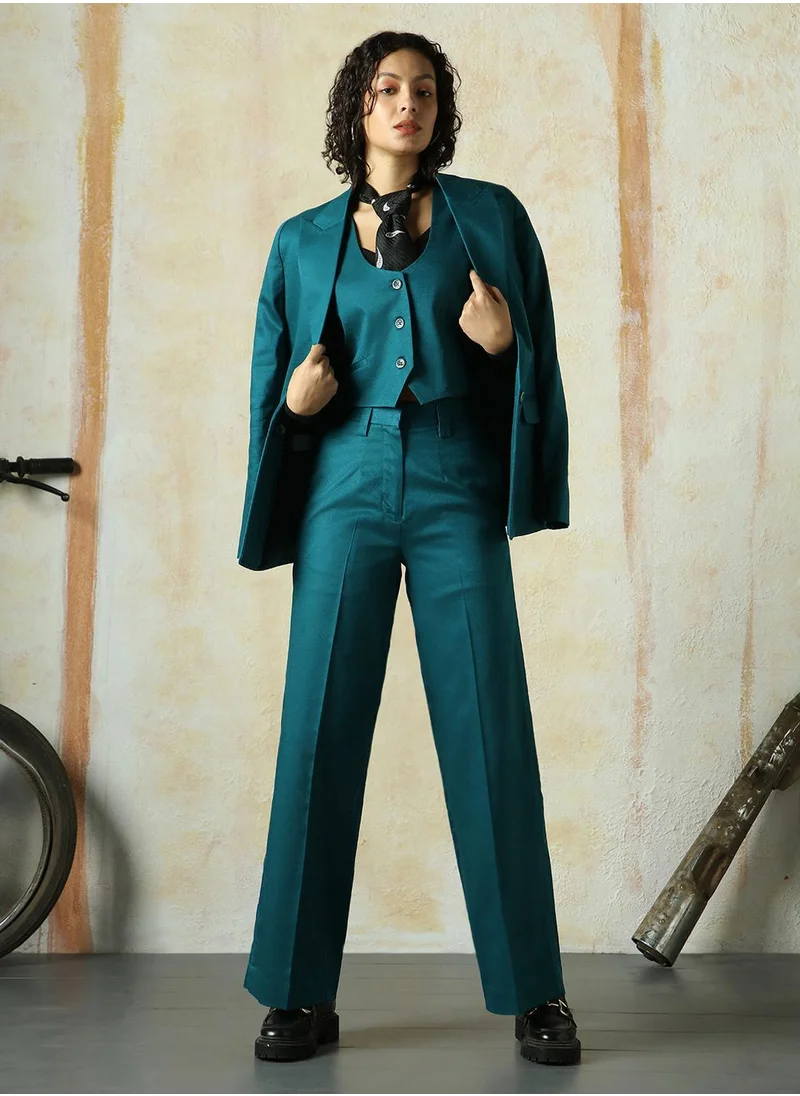 HIGH STAR Women's Deep Teal Cotton Blend Solid Full Length Chinos Wide Leg Trouser